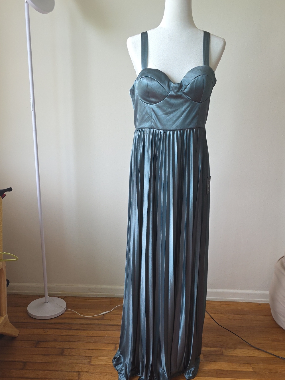 Lulu's Slate Blue Satin Bustier Maxi Dress